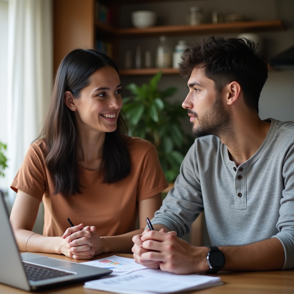Young Paraguayan couple having a calm, open conversation about finances at their kitchen table with notebooks and a laptop