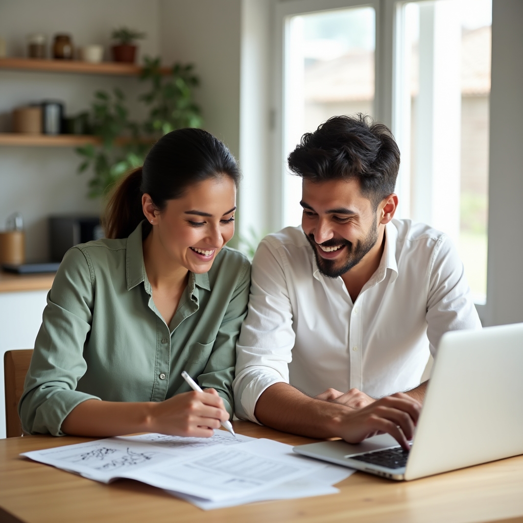 Young couple sitting together at a table reviewing a shared budget and financial documents