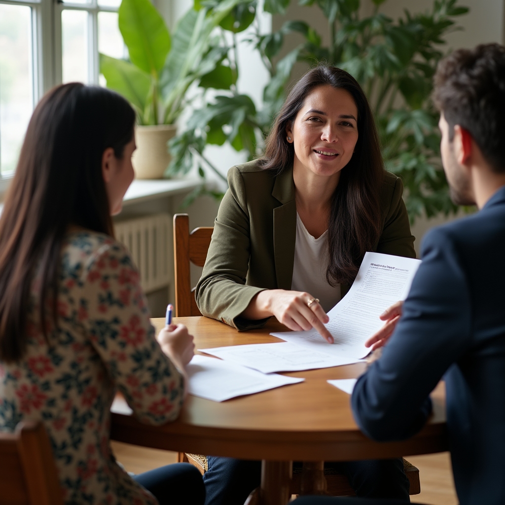 Workshop facilitator explaining financial concepts to an engaged young couple in a comfortable meeting room setting