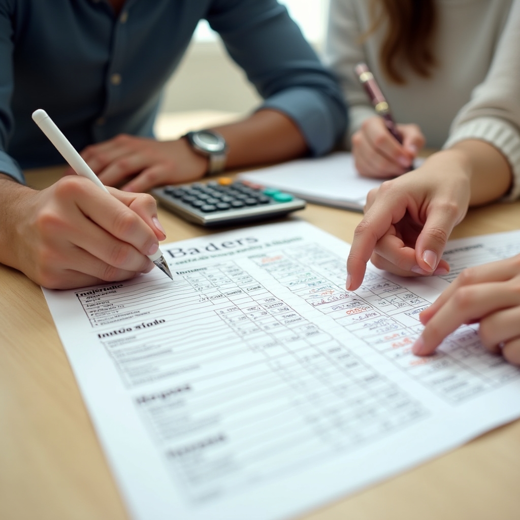 Young couple working through a budget worksheet together at a workshop table, with printed financial documents and calculators